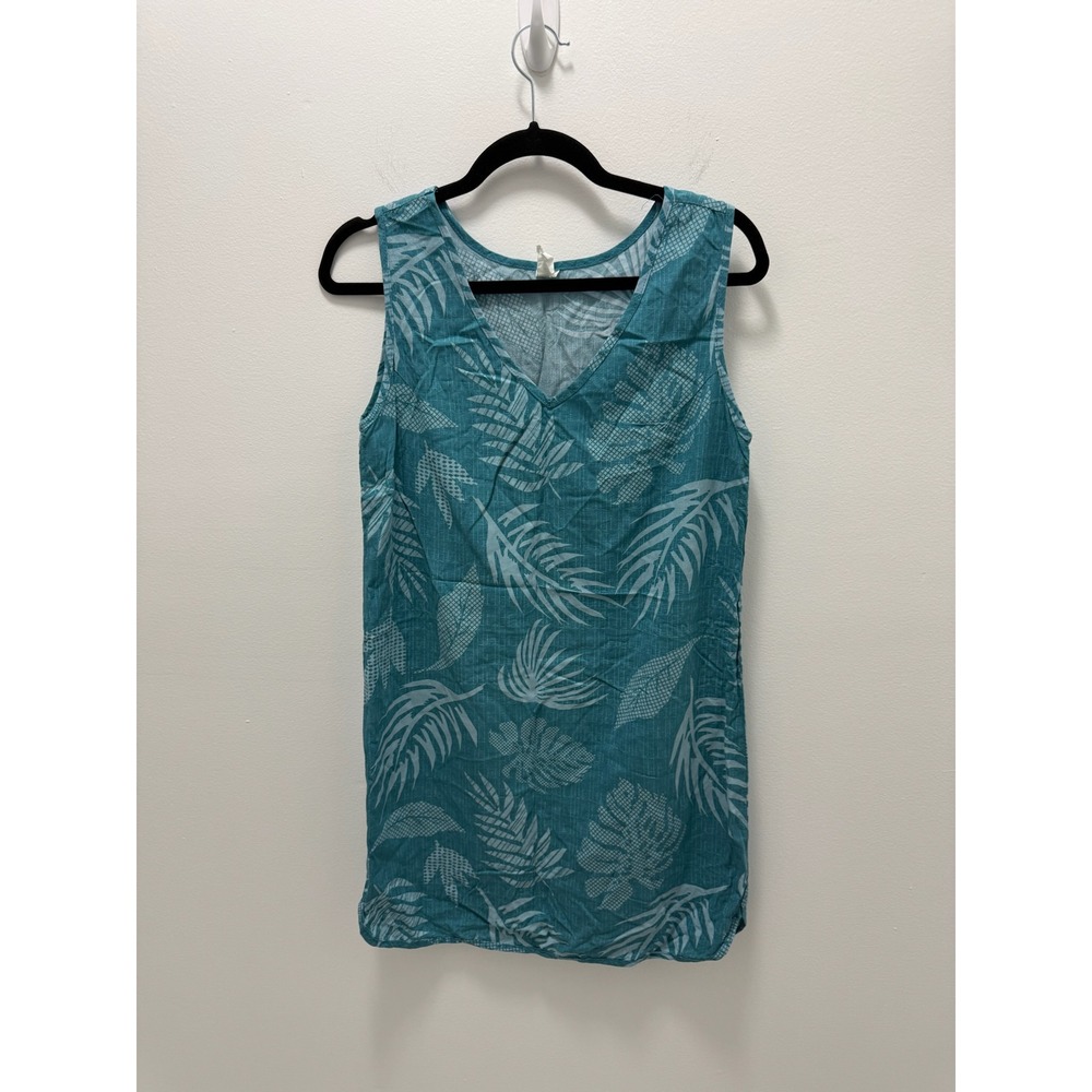 Palmwave Hawaii Teal Tropical Leaf Pineapple Print Rayon V-Neck Tunic Dress L